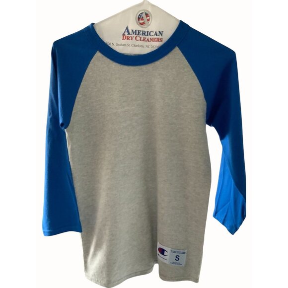Champion Raglan Quarter Sleeve Baseball T-Shirt Gray Royal Blue Mens Size Small - Picture 9 of 10